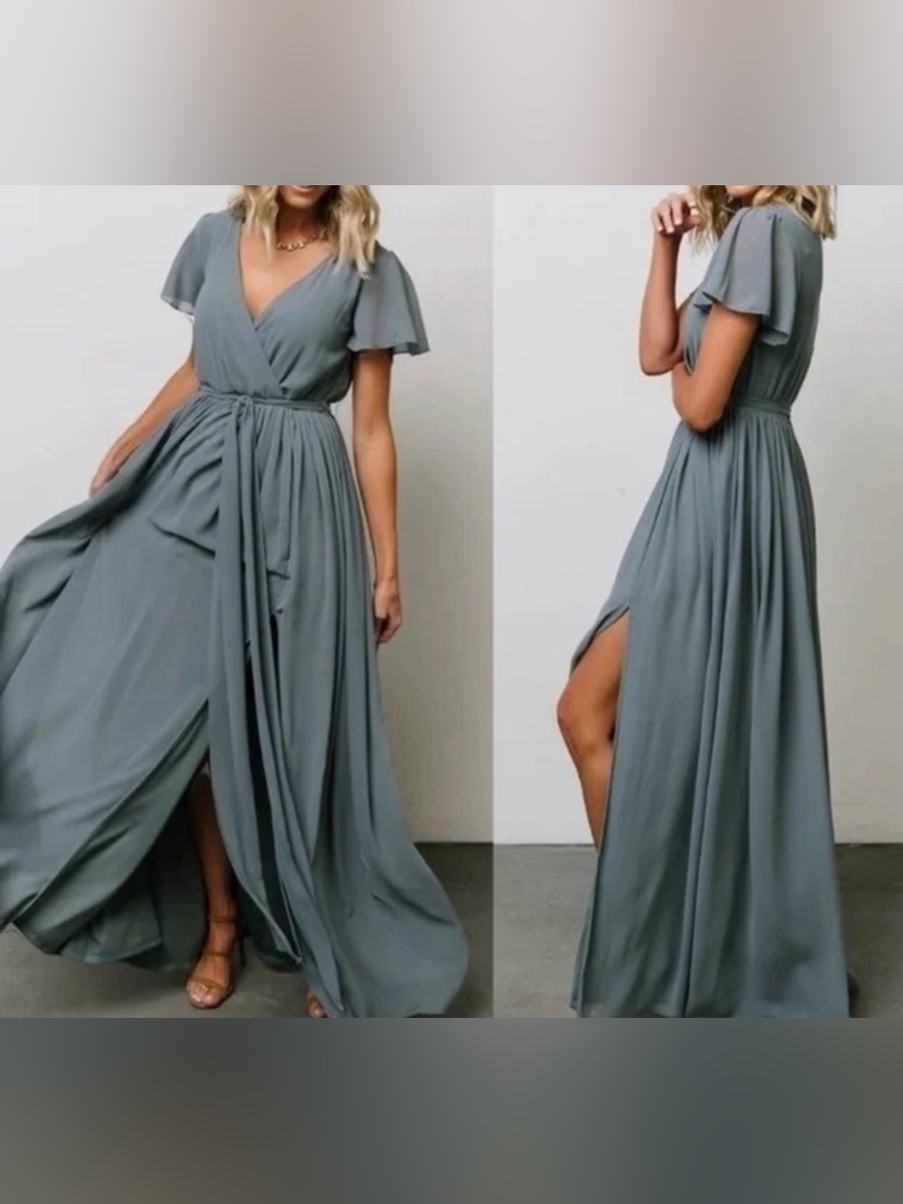 Baltic Born Slate Green Gray Chiffon flutter Sleeve Maxi Dress Size Large NWT